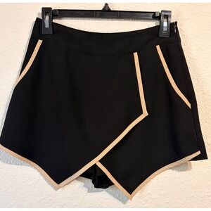 Papaya Black Wrap Front Skort Tan Piping Asymmetrical Mini Shorts M Chic